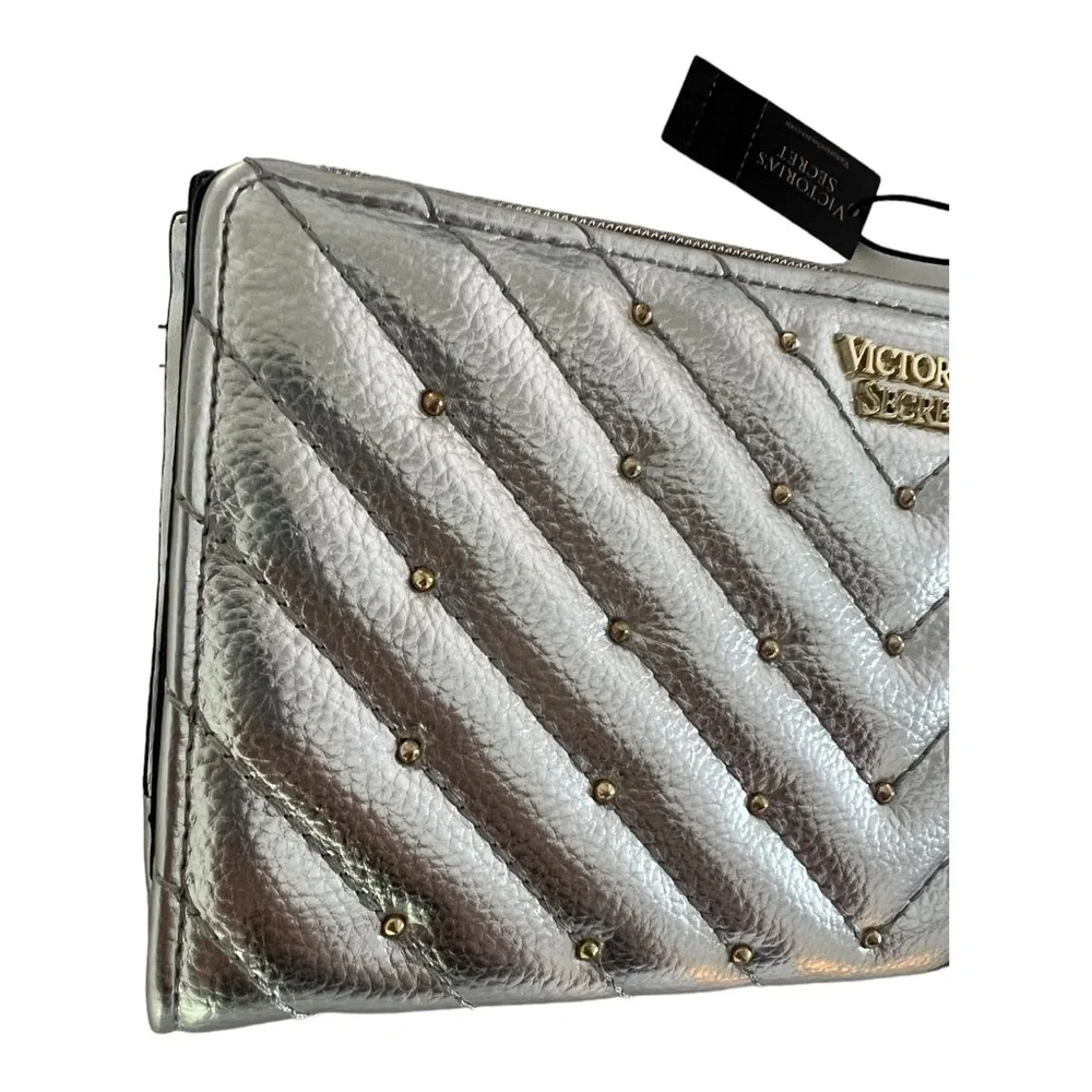 Victoria's Secret quilted metallic silver, studded wristlet wallet …